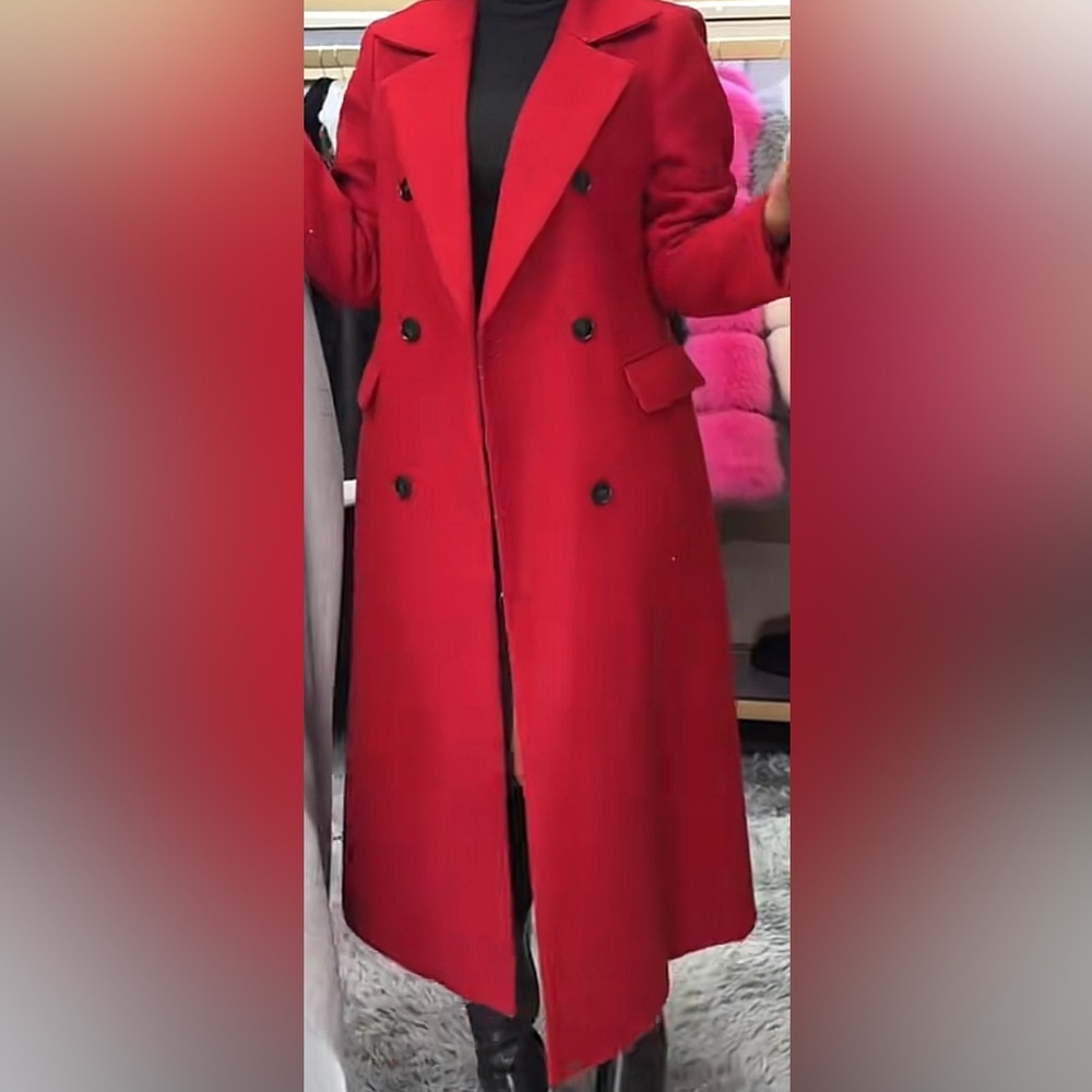 Women's Red Double-Breasted Long Pea Coat Size XL